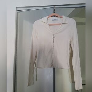 Mango White Ribbed Zip-Up Top